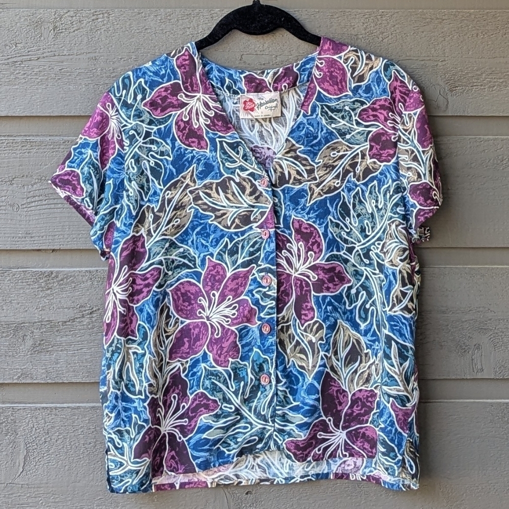 Hilo Hattie The Hawaiian Original Floral Watercolor Short Sleeve Blouse Small